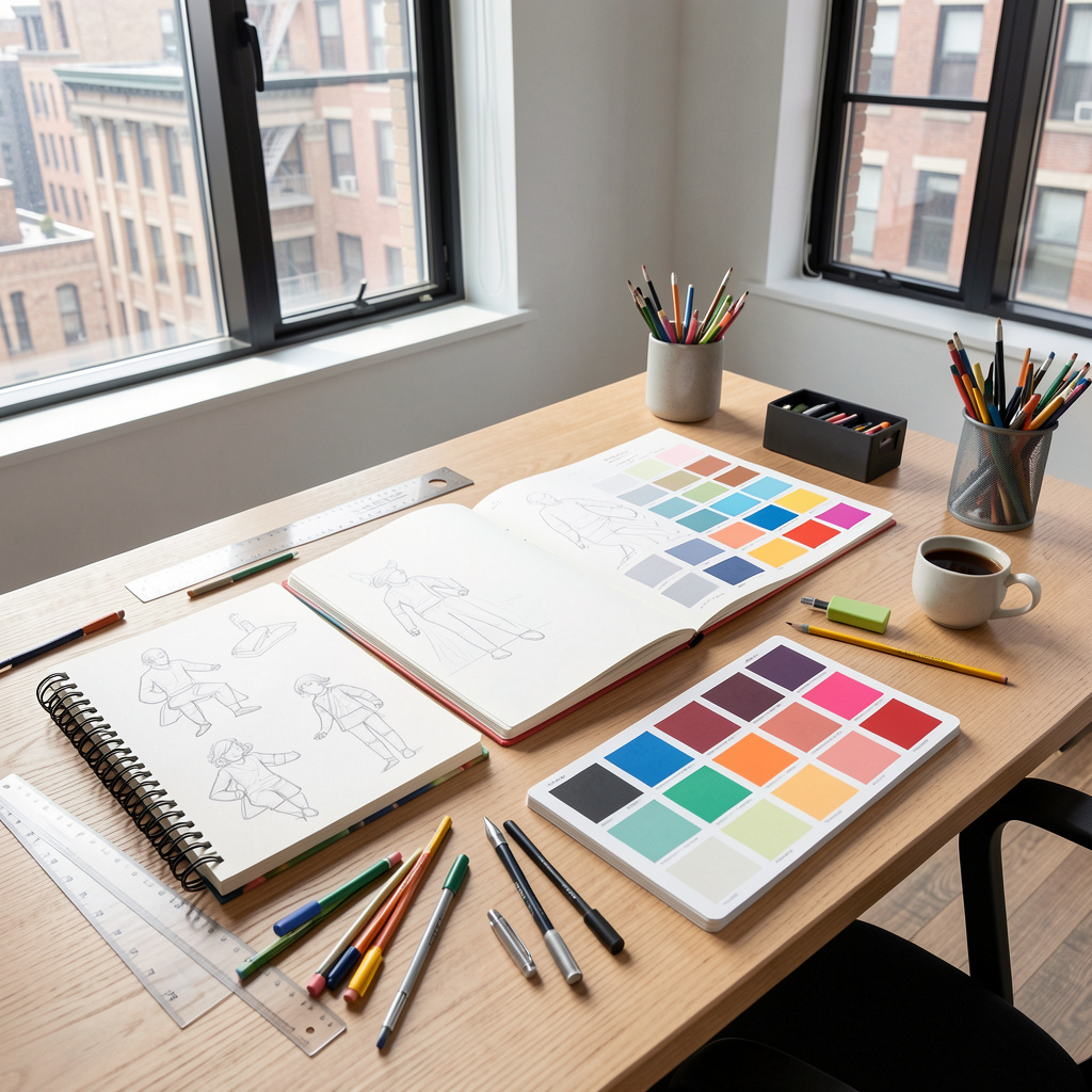 Designer workspace featuring sketches, color swatches, and creative tools in modern New York studio