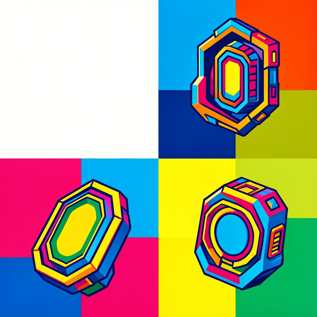 Tech magazine editorial illustration series exploring future technology concepts with bold geometric compositions